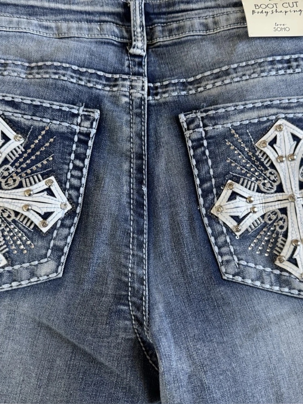 Soho Light Blue Embellished Cross Pocket Bootcut Jeans